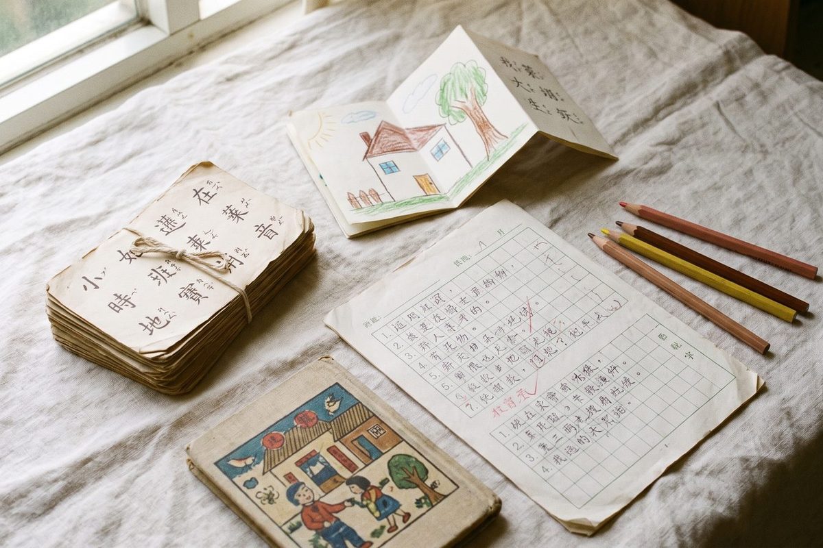 Printed Chinese learning materials laid out on a table