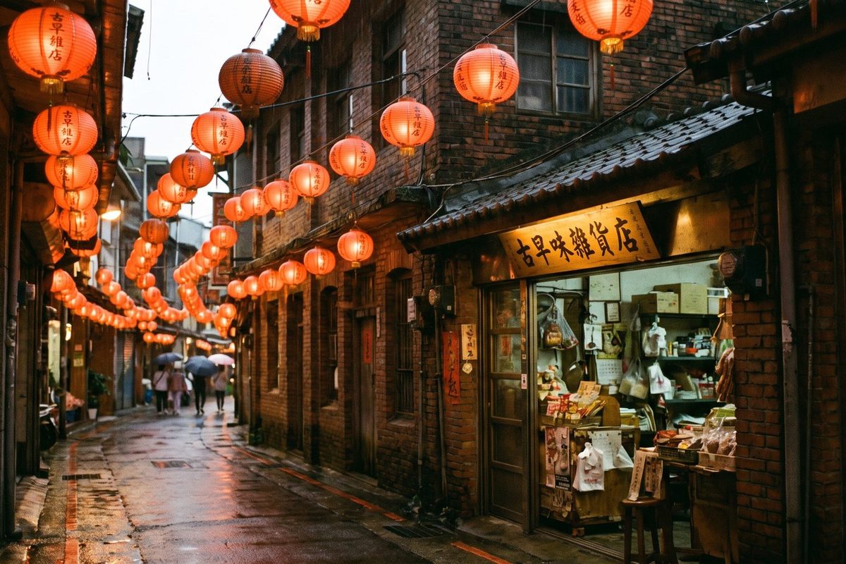 A traditional Taiwanese street at dusk lit by red lanterns