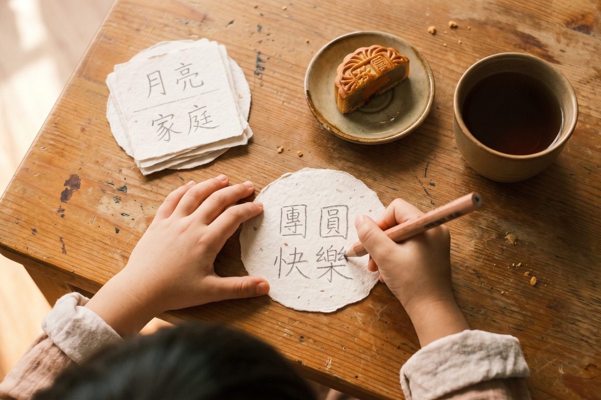 A child's hands finishing a handwritten Mid-Autumn moon message card