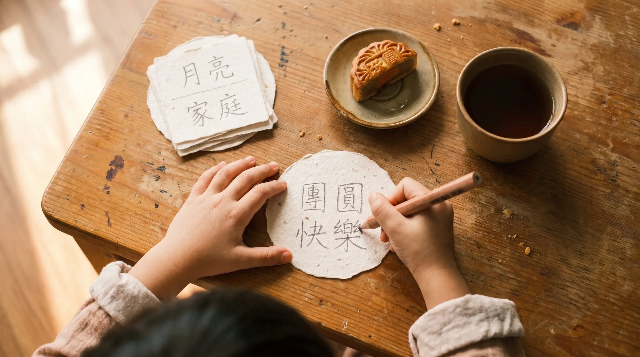 A child's hands finishing a handwritten Mid-Autumn moon message card