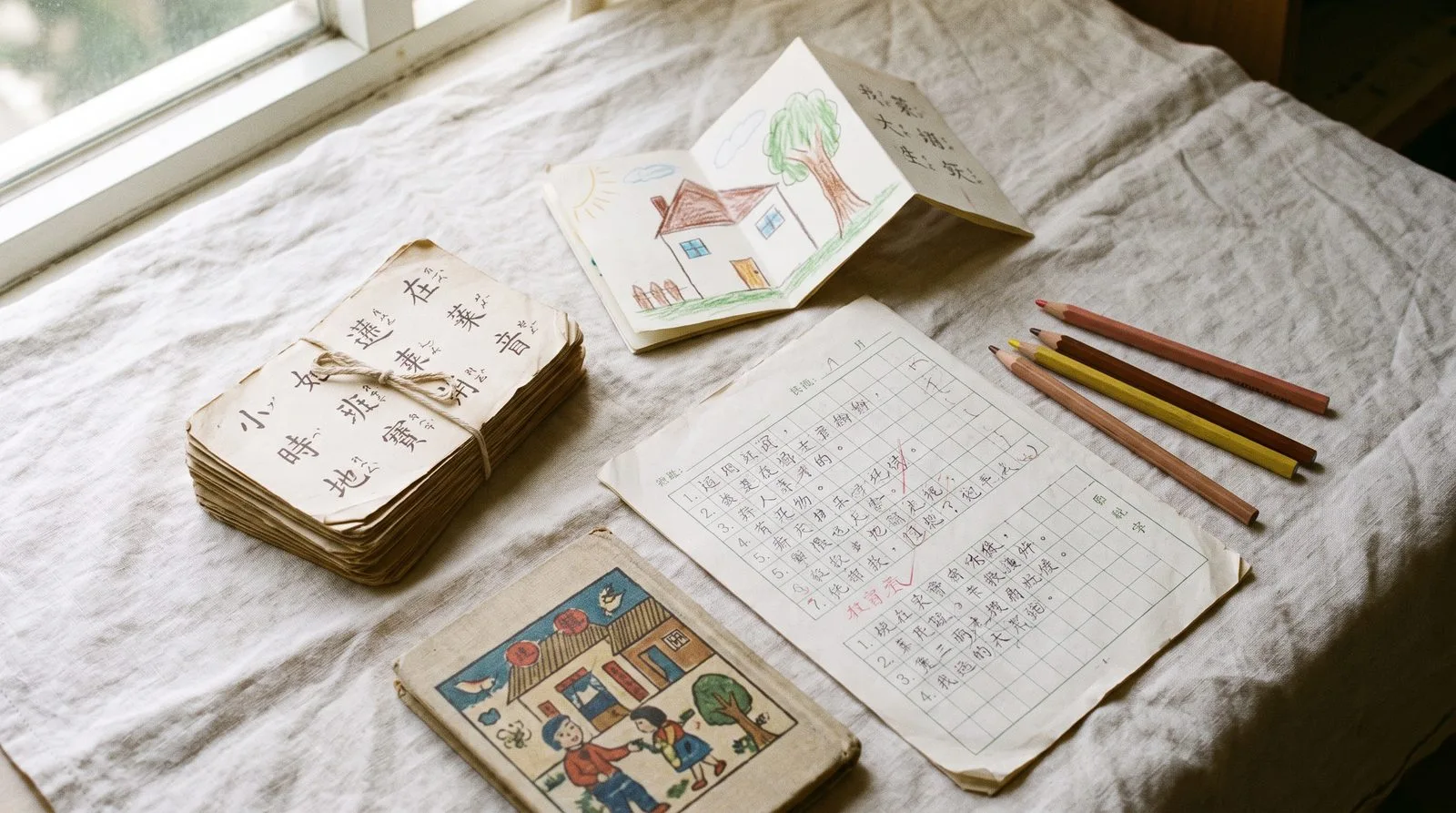 Printed Chinese learning materials laid out on a table